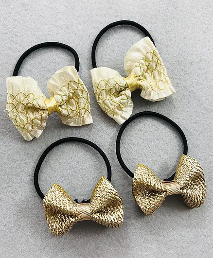 Kalacaree Pack Of 4 Designer Bow Rubber Bands - Off White & Golden