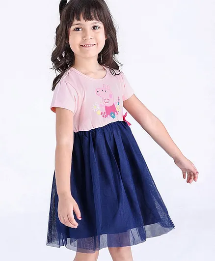 Babyhug Half Sleeves Fit and Flare One Piece Frock with Mesh Peppa Pig Print - Pink