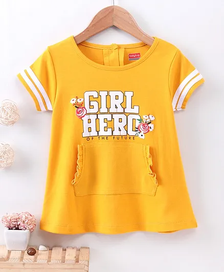 Babyhug Half Sleeves A-Line One Piece Frock Girl Hero Print - Yellow