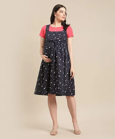 Bella Mama Maternity Dress with Half Sleeves Inner Tee Star Print - Navy Blue Pink