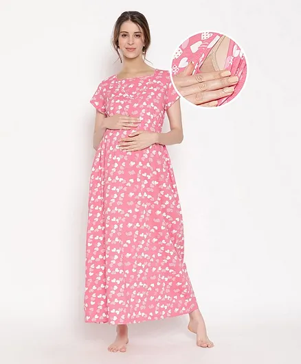 Bella Mama Half Sleeves Maternity Nighty Heart Print - Pink