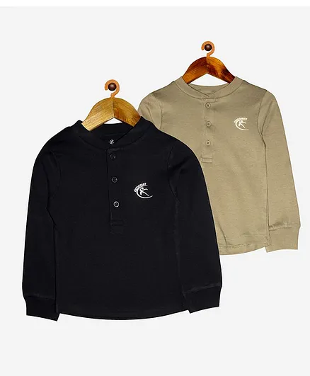 Kiddopanti Pack Of 2 Full Sleeves Solid Colour Henley Tee - Black & Grey