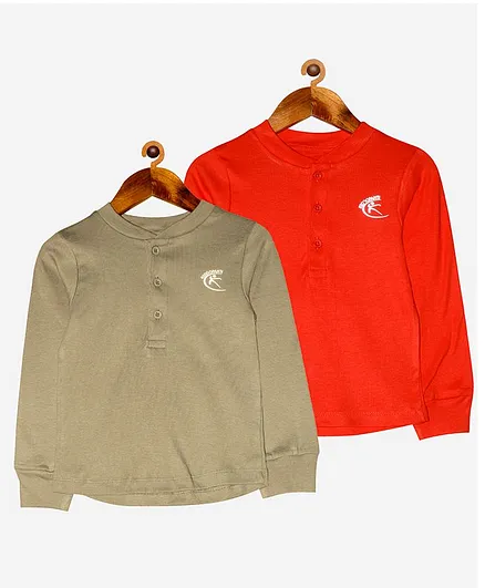 Kiddopanti Pack Of 2 Full Sleeves Solid Colour Henley Tee - Grey & Orange