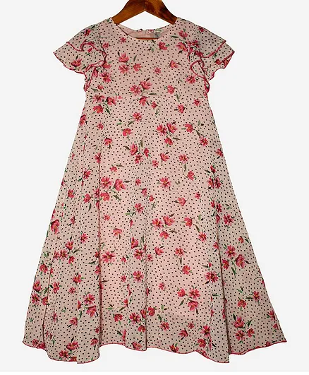 Kiddopanti Cap Sleeves All Over Flower Print Dress - Pink