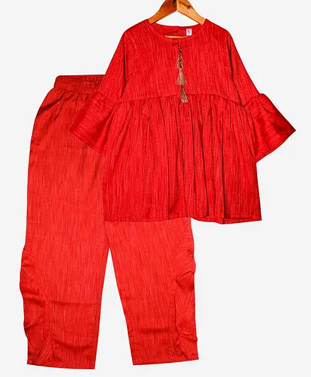 Kiddopanti Full Sleeves Tassels Detailed Short Kurta With Pants - Red