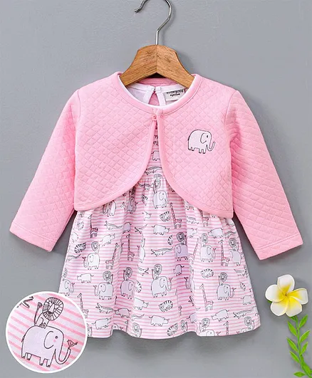 Wonderchild Full Sleeves Elephant Print Dress With Shrug - Pink