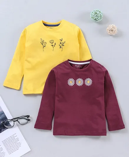 Honeyhap Full Sleeves Tops With Antimicrobial Silvadur Finish Floral Print Pack of 2 - Multicolour Yellow Maroon