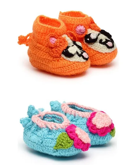 MayRa Knits Hand Knitted Flower Design Booties - Orange