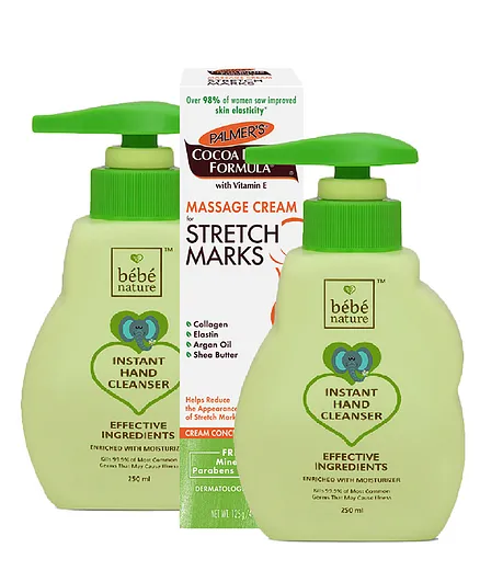 Palmers Cocoa Butter Formula Massage Cream For Stretch Marks - 125 Grams 1 Piece & Bebe Nature Instant Hand Cleanser - 250 ml 2 -Piece ( Combo Pack