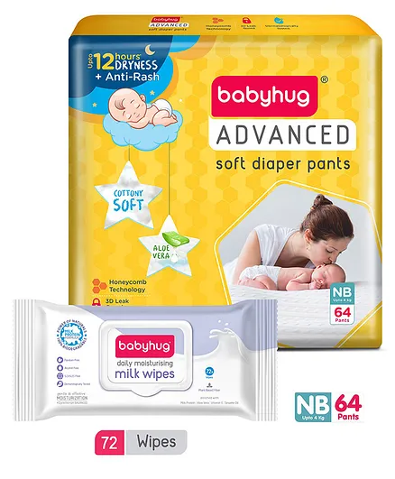 Babyhug Daily Rich Moisturising Milk Wipes 72 Pieces and Advanced Pant style Diaper NB-64 Pieces