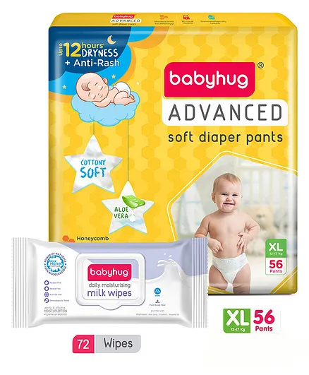 Babyhug Daily Rich Moisturising Milk Wipes 72 Pieces and Advanced Pant style Diaper XL-56 Pieces