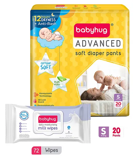 Babyhug Daily Rich Moisturising Milk Wipes 72 Pieces and Advanced Pant style Diaper S-20 Pieces
