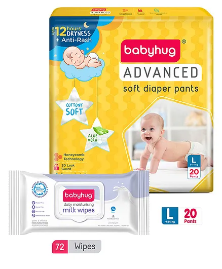 Babyhug Daily Rich Moisturising Milk Wipes 72 Pieces and Advanced Pant style Diaper L-20 Pieces