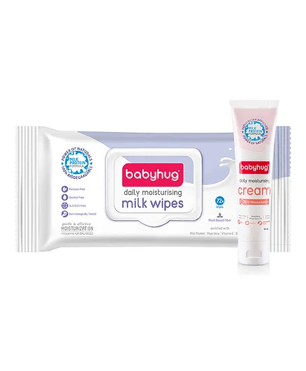 Babyhug Daily Rich Moisturising Milk Wipes 72 Pieces and Full body and Face Moisturizing Cream - 100 ml
