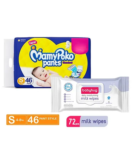 MamyPoko Standard Pant Style Diapers Small - 46 Pieces & Babyhug Daily Moisturising Milk Wipes - 72 Pieces