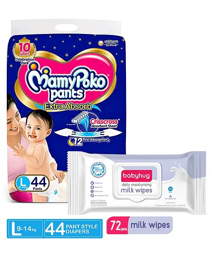 MamyPoko Extra Absorb Pant Style Diapers Large - 44 Pieces & Babyhug Daily Moisturising Milk Wipes - 72 Pieces