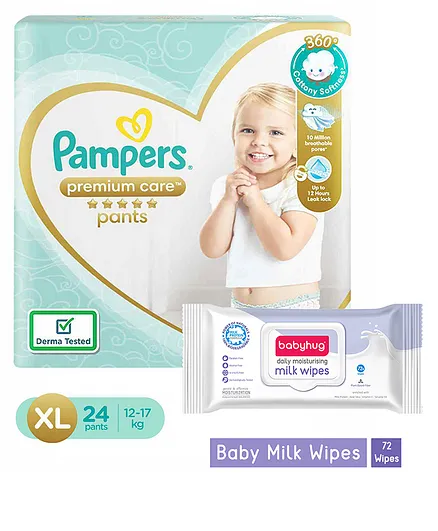 Pampers Premium Care Pants, Extra Large size baby diapers (XL), 24 Count, Softest ever Pampers pants & Babyhug Daily Moisturising Milk Wipes - 72 Pieces