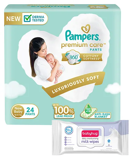 Pampers Premium Care Pants, New Born, Extra Small size baby diapers (NB,XS), 24 count, Softest ever Pampers & Babyhug Daily Moisturising Milk Wipes - 72 Pieces