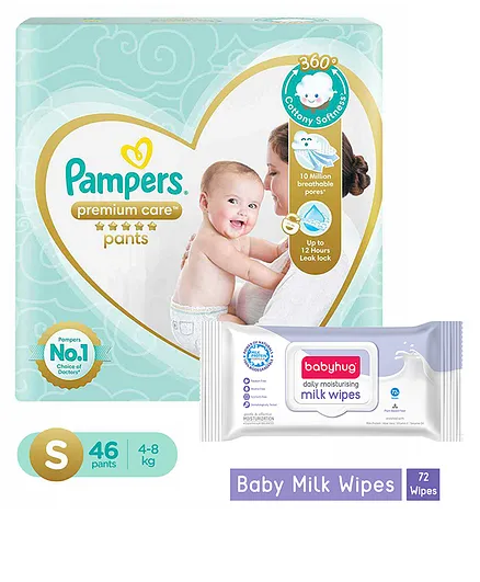 Pampers Premium Care Pants, Small size baby diapers (SM), 46 Count, Softest ever Pampers pants & Babyhug Daily Moisturising Milk Wipes - 72 Pieces