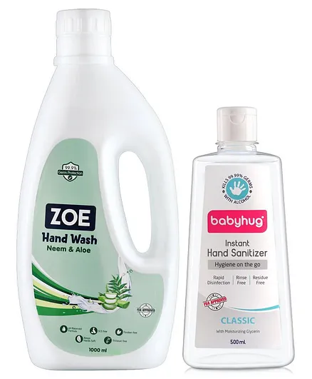 Babyhug Hand Sanitizer 500ml & Zoe Neem And Aloe Hand Wash - Pack Of 2