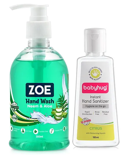 Babyhug Hand Sanitizer Citrus Fragrance 100ml & Zoe Neem And Aloe Hand Wash - Pack Of 2