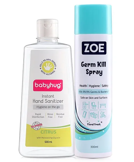 Babyhug Hand Sanitizer Citrus Fragrance 500ml & Zoe Germ Kill Disinfectant Spray - Pack Of 2