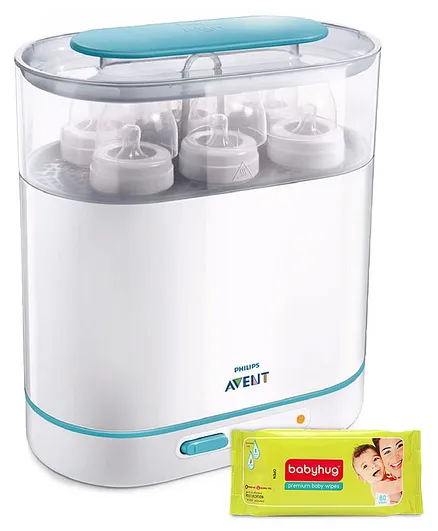 Avent 3-in-1 Electric Steam Sterilizer with Babyhug premium baby wipes -80 Pieces