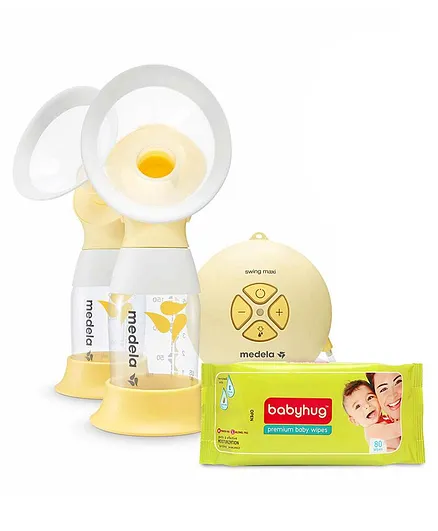Medela Swing Maxi Flex Double Electric 2-phase Breast Pump with Babyhug premium baby wipes -80 Pieces
