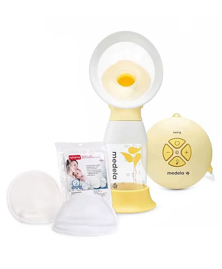 Medela Swing Flex Single Electric 2-Phase Breast Pump - Yellow White & Babyhug Reusable 3 Layer Bamboo Breast Pads - Pack of 6