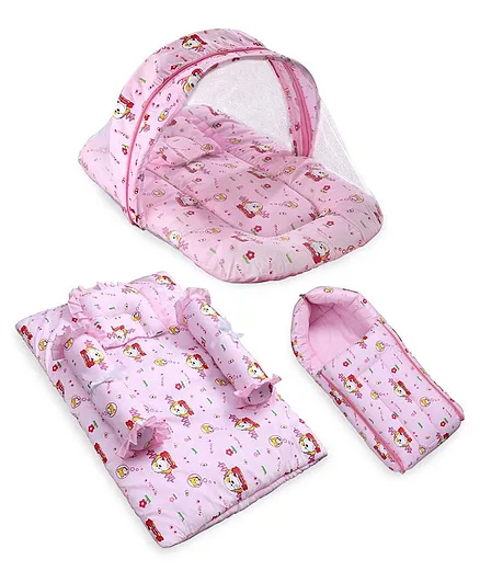 ZOE 4 pcs Bedding Set, Mosq Net Gadda & Sleeping Bag Combo Dog Print - Pink