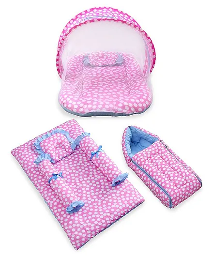 ZOE 4 pcs Bedding Set, Mosq Net Gadda & Sleeping Bag Combo Polka Print - Pink