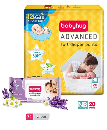 Babyhug Advanced Pant style Diaper NB-20 Pieces and Babyhug Soothing Lavender & Chamomile Wipes - 72's
