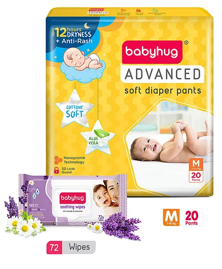 Babyhug Advanced Pant style Diaper M-20 Pieces and Babyhug Soothing Lavender & Chamomile Wipes - 72's