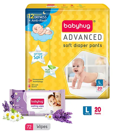 Babyhug Advanced Pant style Diaper L-20 Pieces and Babyhug Soothing Lavender & Chamomile Wipes - 72's