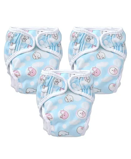 Paw Paw Reusable Diaper With Insert Walrus Print Set of 3 - Small,Medium,Large (Blue)