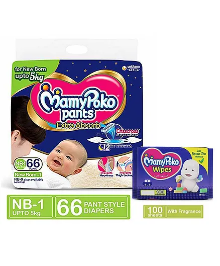 MamyPoko Extra Absorb Pant Style Diapers New Born - 66 Pieces & MamyPoko Wipes With Green Tea Essence - 100 Sheets