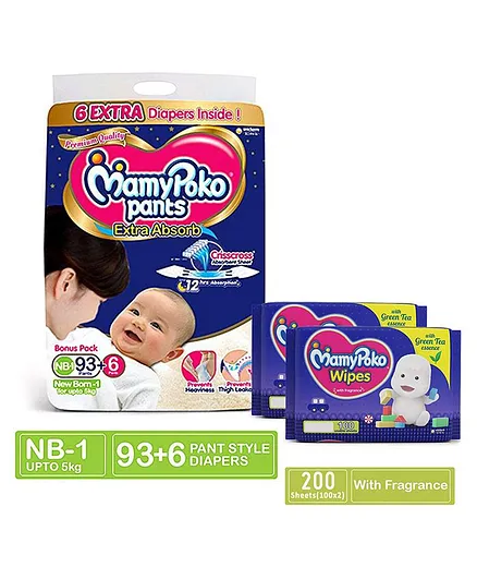 MamyPoko Extra Absorb Pant Style Diapers New Born - 99 Pieces & MamyPoko Wipes With Green Tea Essence - 100 Sheets - (Pack of 2)
