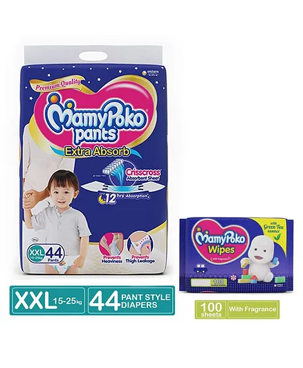 MamyPoko Extra Absorb Pant Style Diaper XX Large Size - 44 Pieces & MamyPoko Wipes With Green Tea Essence - 100 Sheets