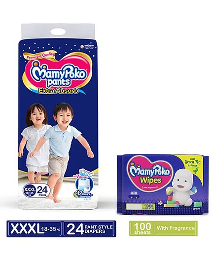 MamyPoko Extra Absorb Pant Style Diaper XXX Large Size - 24 Pieces & MamyPoko Wipes With Green Tea Essence - 100 Sheets