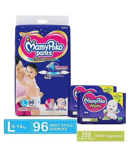 MamyPoko Extra Absorb Pant Style Diaper Monthly Jumbo Pack Large Size - 96 Pieces & MamyPoko Wipes With Green Tea Essence - 100 Sheets - (Pack of 2)