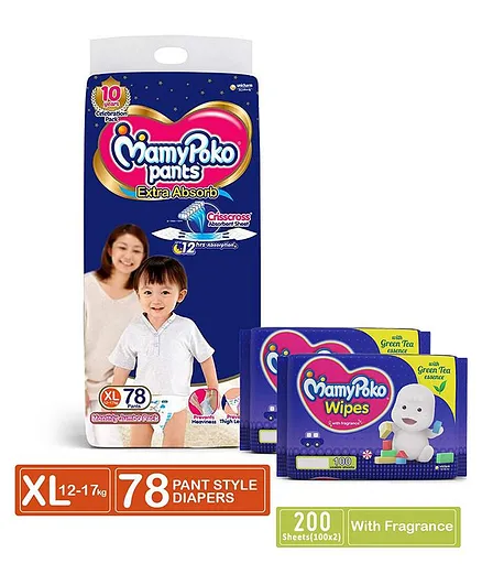 MamyPoko Pant Style Diapers Extra large - 78 Pieces & MamyPoko Wipes With Green Tea Essence - 100 Sheets - (Pack of 2)