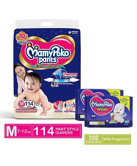 MamyPoko Pant Style Diapers Medium - 114 Pieces & MamyPoko Wipes With Green Tea Essence - 100 Sheets - (Pack of 2)