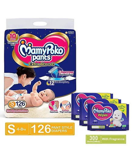 MamyPoko Pant Style Diapers Small - 126 Pieces & MamyPoko Wipes With Green Tea Essence - 100 Sheets - (Pack of 3)
