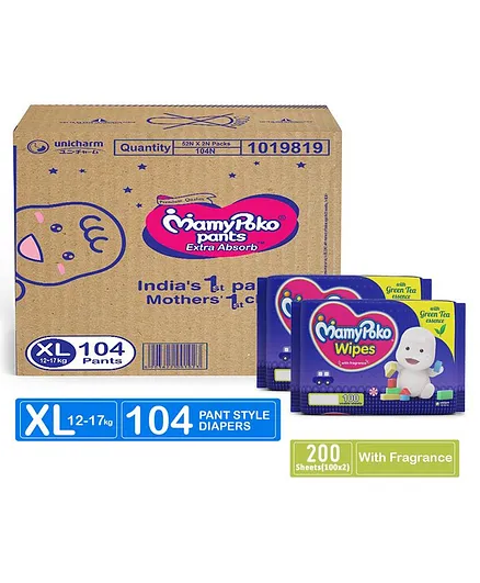 MamyPoko Extra Absorb Pant Style Diapers Extra Large - 104 Pieces & MamyPoko Wipes With Green Tea Essence - 100 Sheets - (Pack of 2)