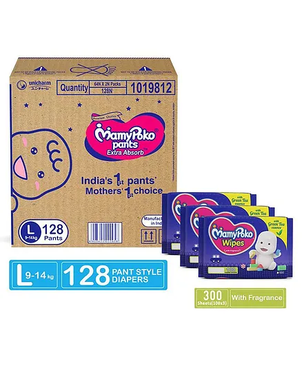 MamyPoko Extra Absorb Pant Style Diapers Large - 128 Pieces & MamyPoko Wipes With Green Tea Essence - 100 Sheets - (Pack of 3)