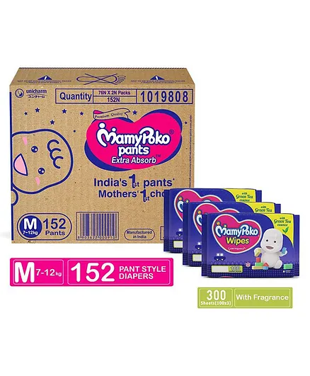 MamyPoko Extra Absorb Pant Style Diapers Medium - 152 Pieces & MamyPoko Wipes With Green Tea Essence - 100 Sheets - (Pack of 3)