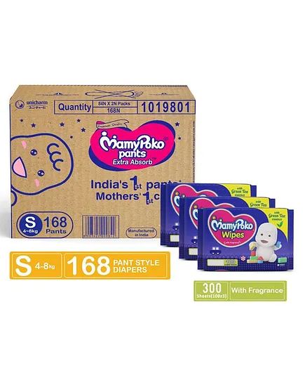 MamyPoko Extra Absorb Pant Style Diapers Small - 168 Pieces & MamyPoko Wipes With Green Tea Essence - 100 Sheets - (Pack of 3)