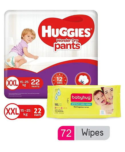 Huggies Wonder Pants XX Large Size Diapers - 22 Pieces & Babyhug Premium Baby Lemon Wipes - 72 Pieces
