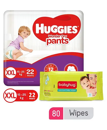 Huggies Wonder Pants XX Large Size Diapers - 22 Pieces & Babyhug Premium Baby Wipes - 80 Pieces