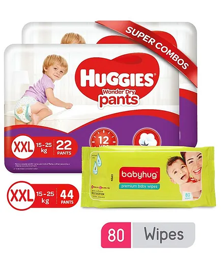 Huggies Wonder Pants Diapers XX Large Pack of 2 - 22 Pieces Each & Babyhug Premium Baby Wipes - 80 Pieces